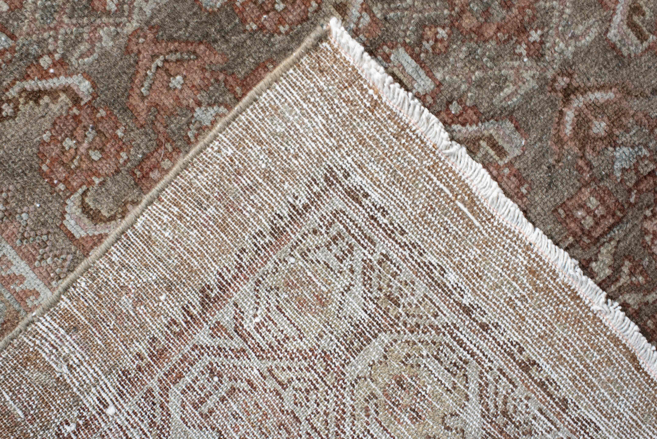 4' x 6' one-of-a-kind handmade antique Malayer small size rug. Color palette: taupe, rust, blush, ivory, brown, sage, beige