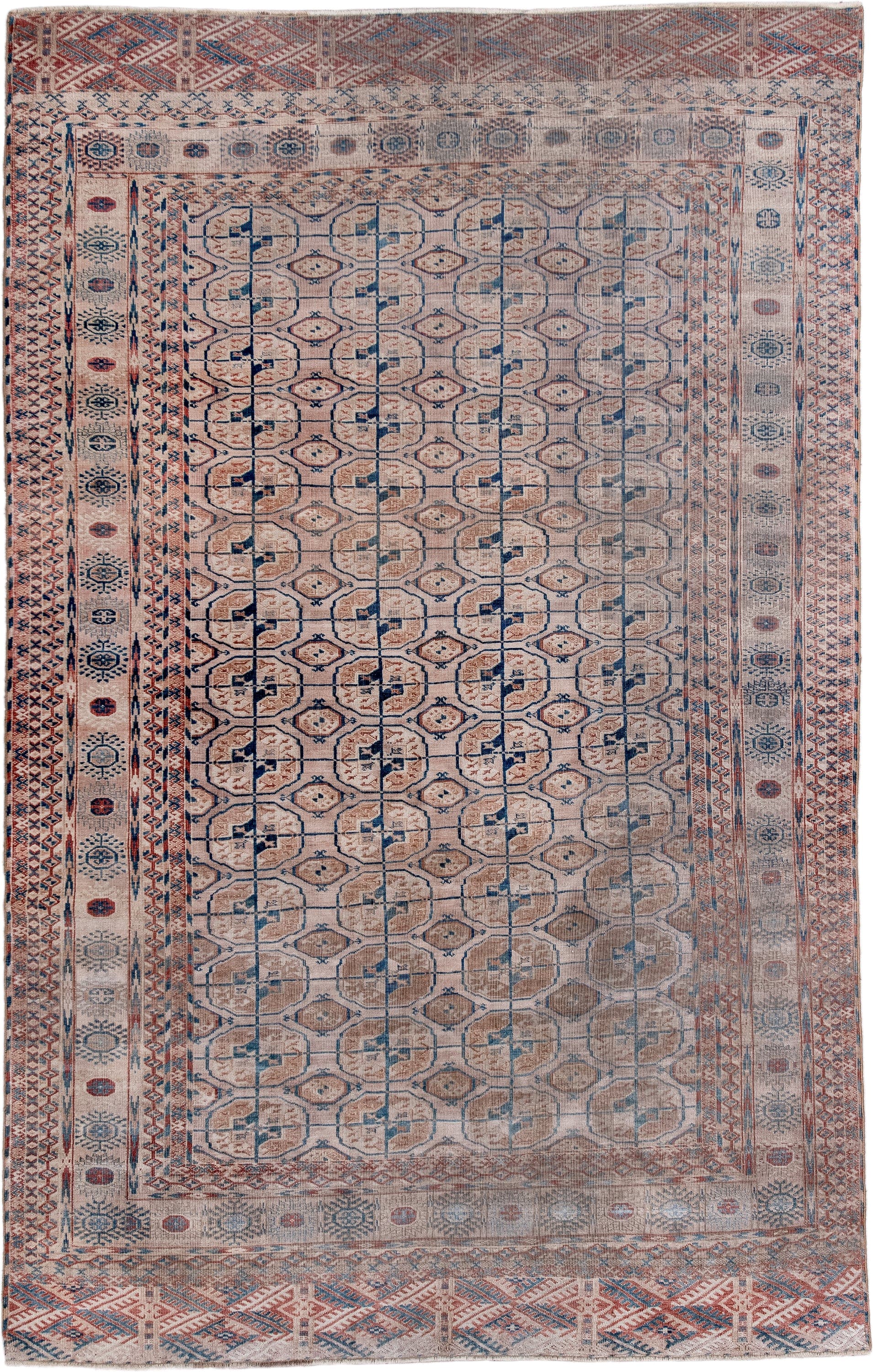 5' x 9' one-of-a-kind handmade antique Bokara medium size rug. Color palette: ivory, taupe, rust, blue, camel, slate, beige