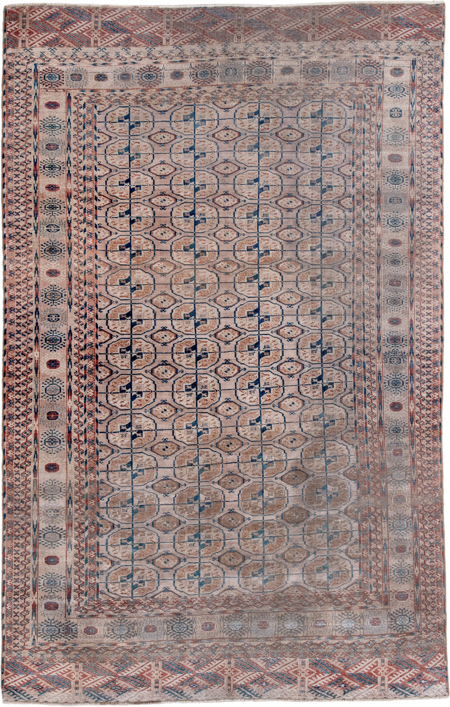 5' x 9' one-of-a-kind handmade antique Bokara medium size rug. Color palette: ivory, taupe, rust, blue, camel, slate, beige
