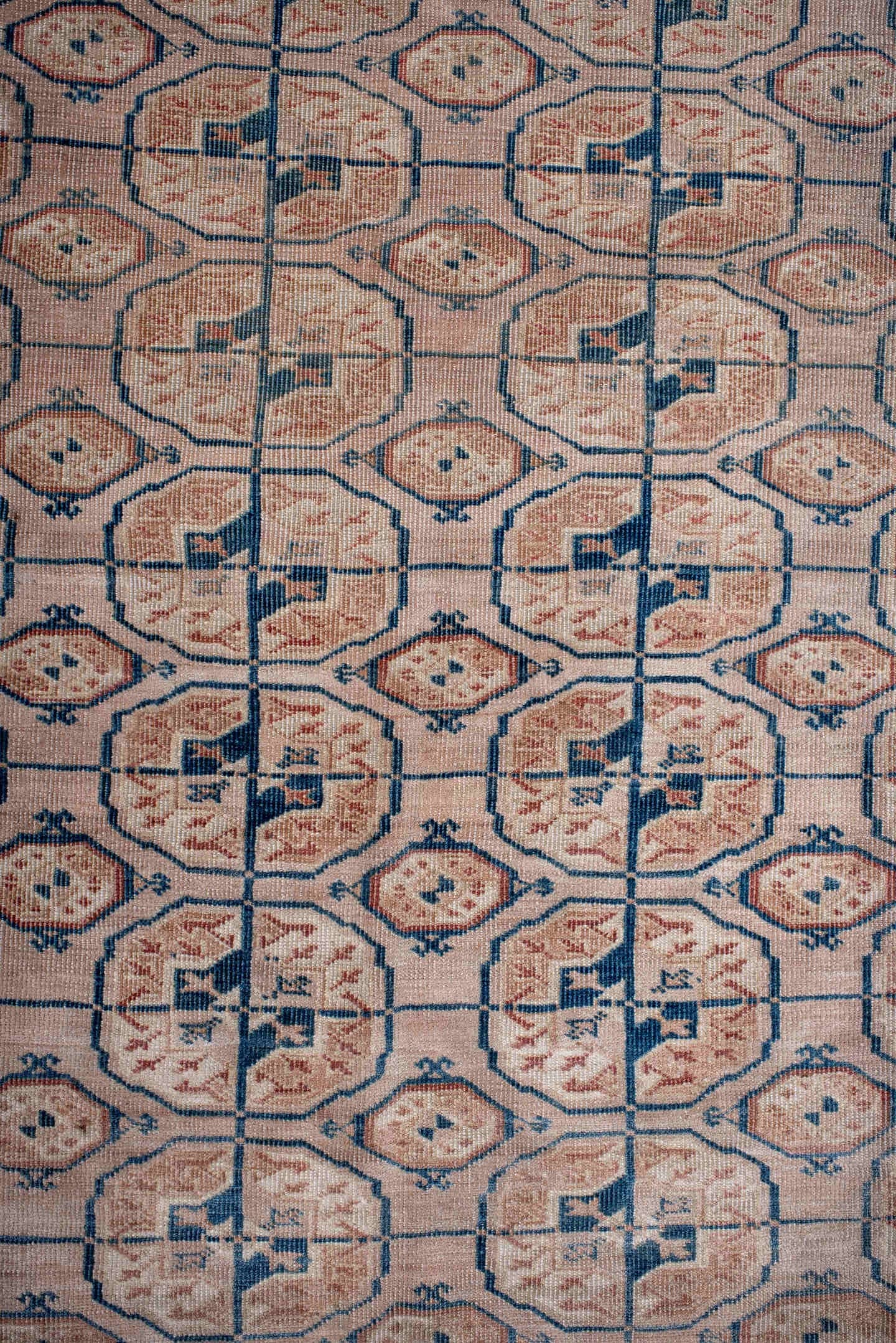5' x 9' one-of-a-kind handmade antique Bokara medium size rug. Color palette: ivory, taupe, rust, blue, camel, slate, beige