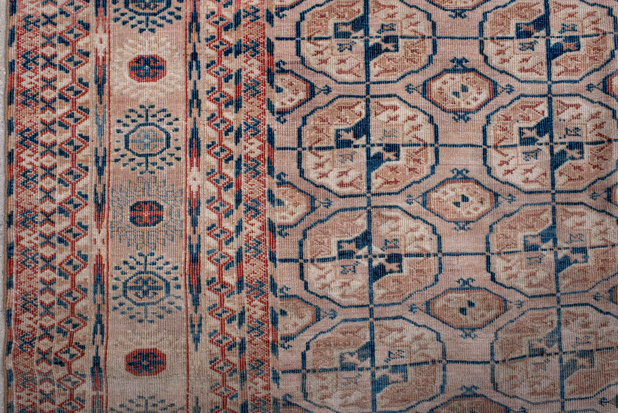 5' x 9' one-of-a-kind handmade antique Bokara medium size rug. Color palette: ivory, taupe, rust, blue, camel, slate, beige