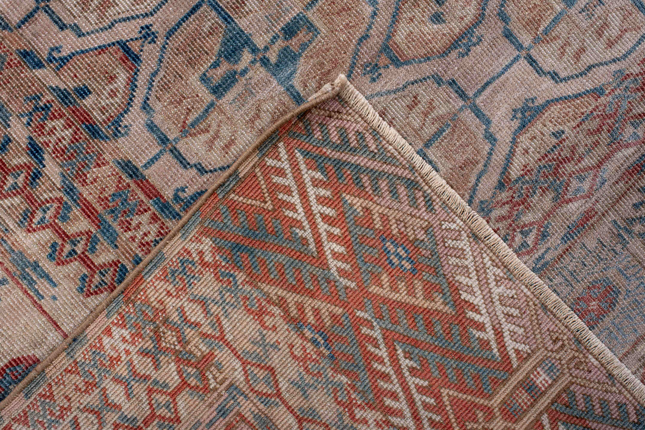 5' x 9' one-of-a-kind handmade antique Bokara medium size rug. Color palette: ivory, taupe, rust, blue, camel, slate, beige