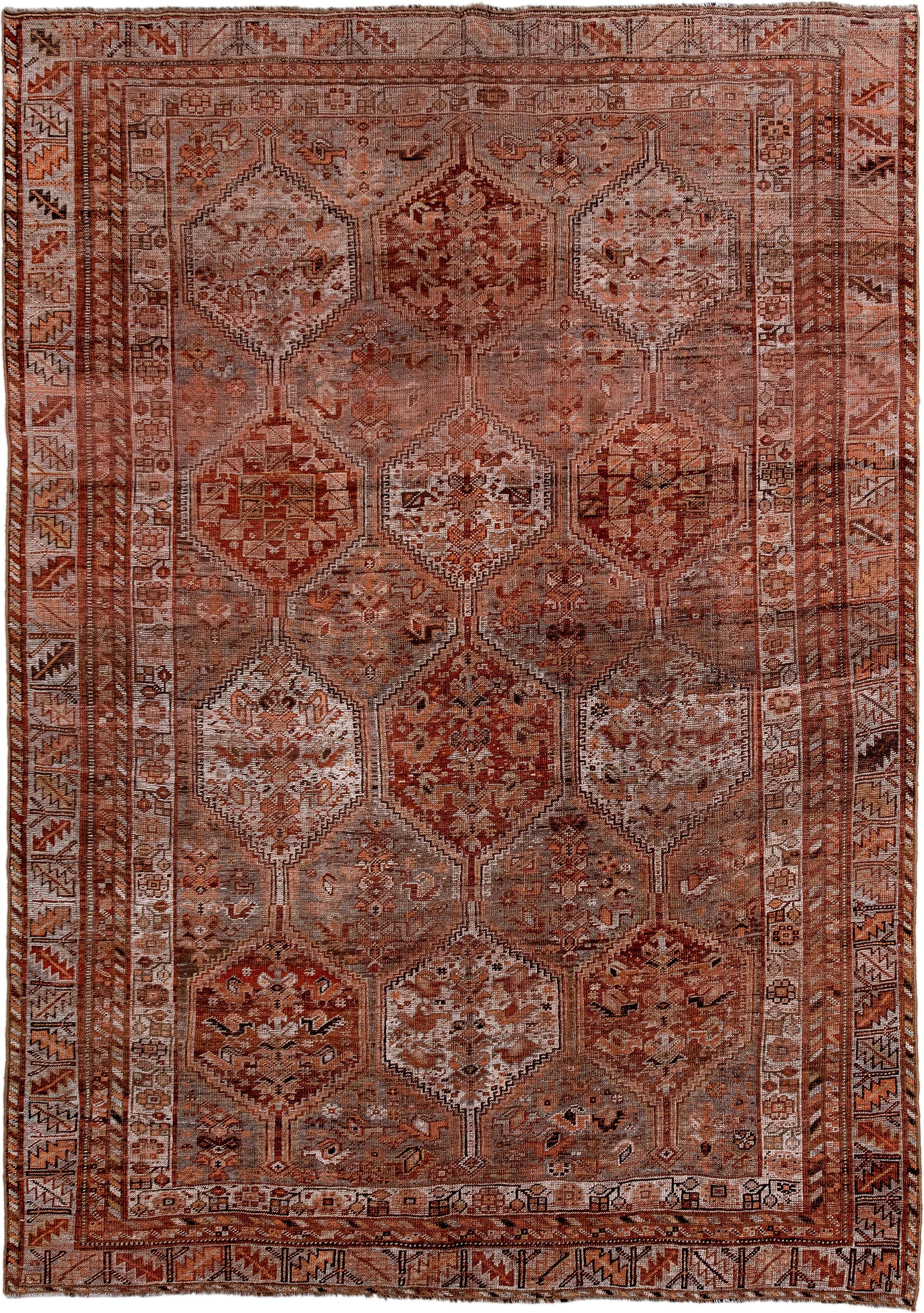 6' x 9' one-of-a-kind handmade antique Shiraz medium size rug. Color palette: rose, rust, terra cotta, ivory, taupe, brown
