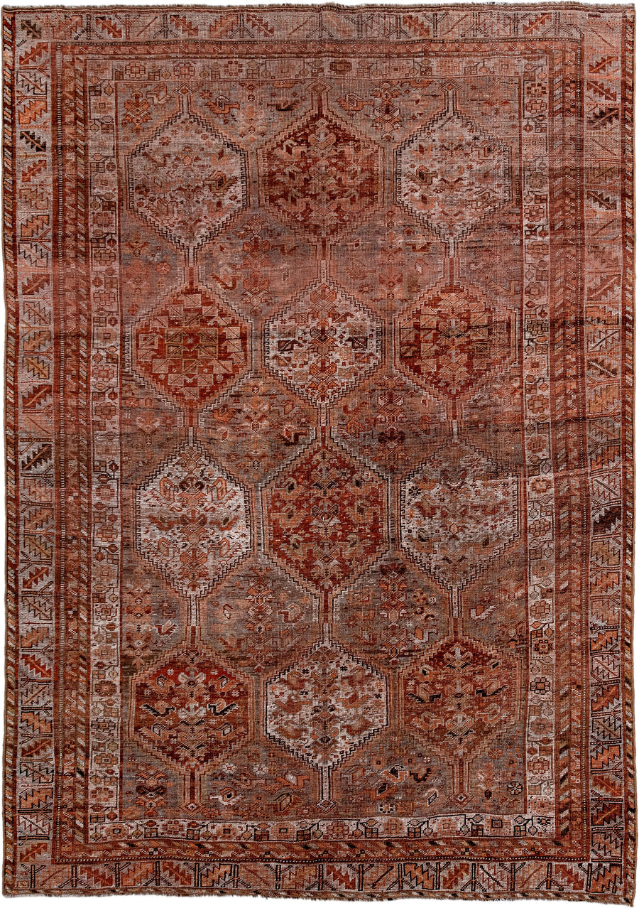 6' x 9' one-of-a-kind handmade antique Shiraz medium size rug. Color palette: rose, rust, terra cotta, ivory, taupe, brown