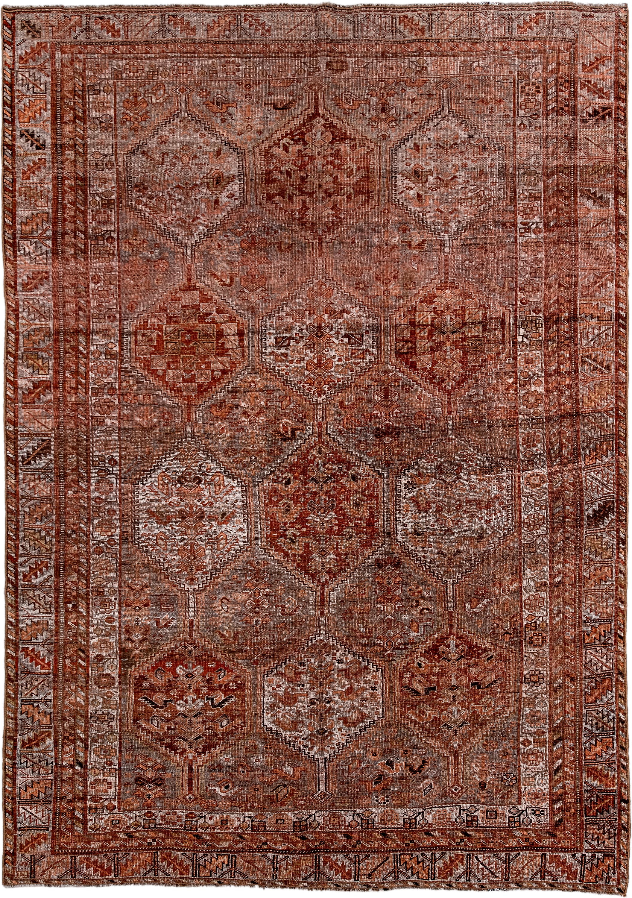 6' x 9' one-of-a-kind handmade antique Shiraz medium size rug. Color palette: rose, rust, terra cotta, ivory, taupe, brown