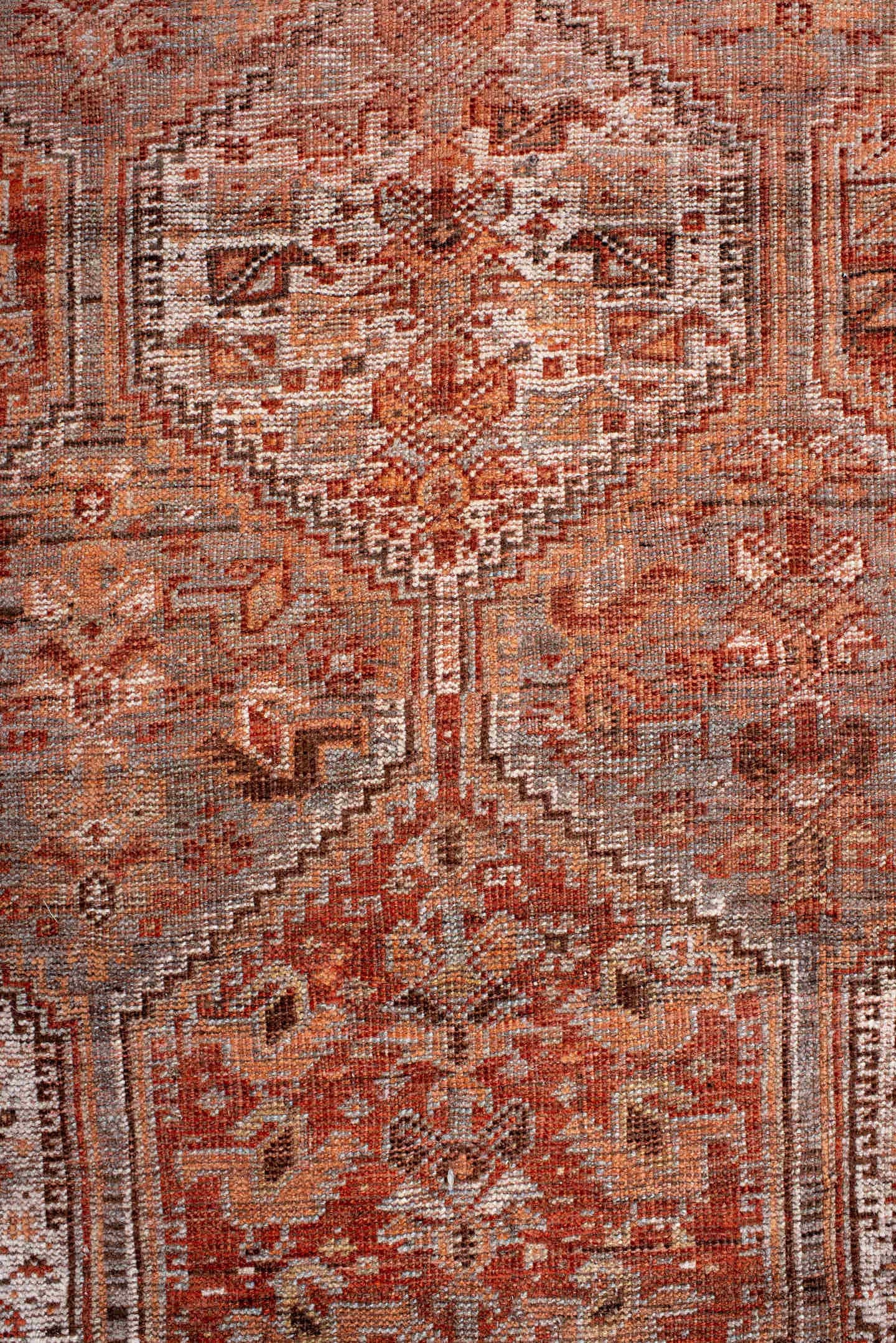 6' x 9' one-of-a-kind handmade antique Shiraz medium size rug. Color palette: rose, rust, terra cotta, ivory, taupe, brown