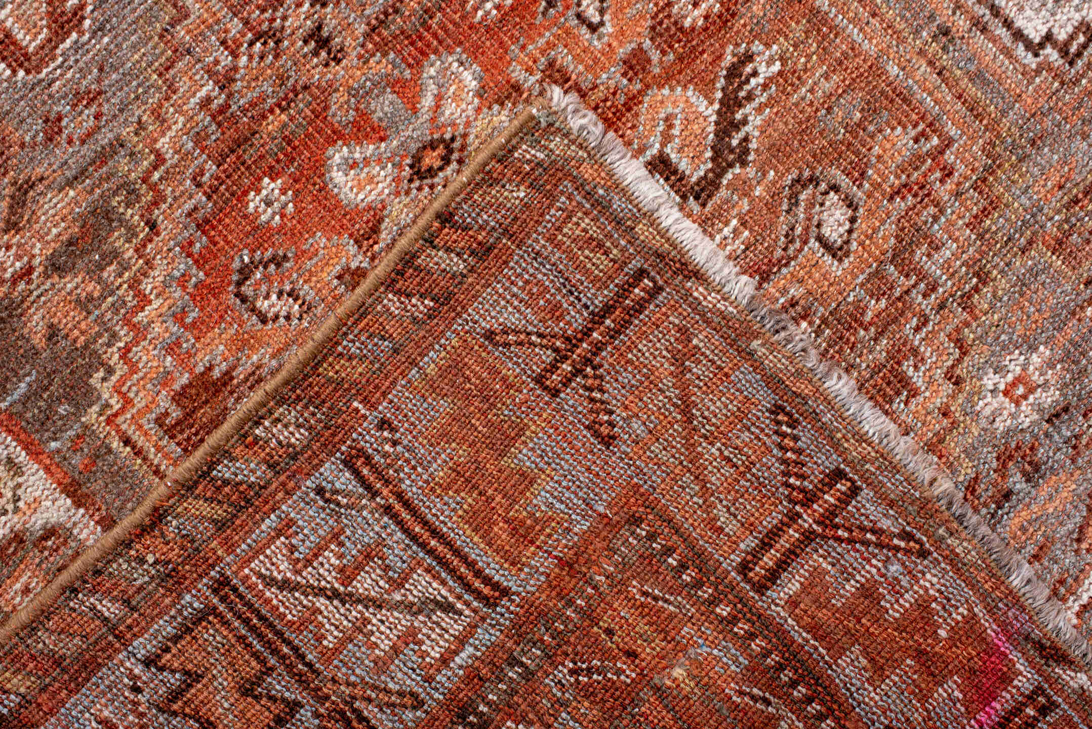 6' x 9' one-of-a-kind handmade antique Shiraz medium size rug. Color palette: rose, rust, terra cotta, ivory, taupe, brown
