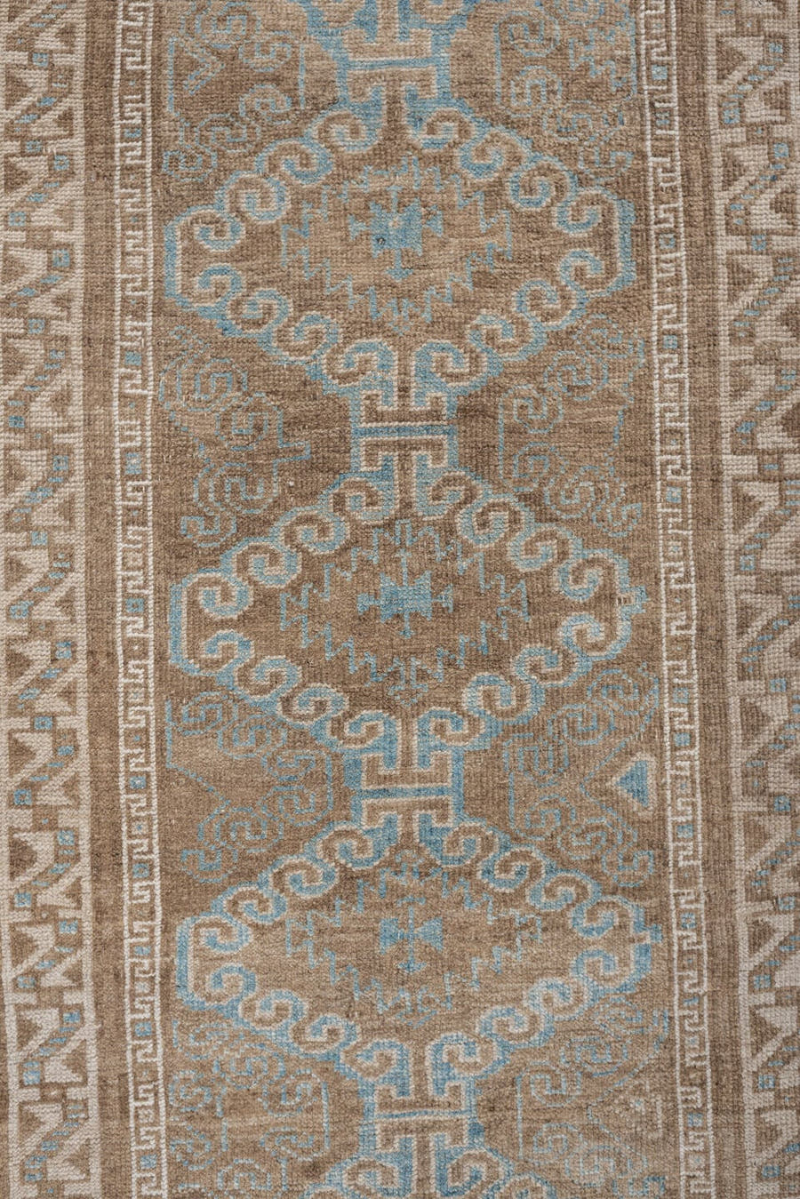 3' x 6' one-of-a-kind handmade antique Belouch runner rug. Color palette: camel, ivory, pale aqua, taupe, sand, beige, teal