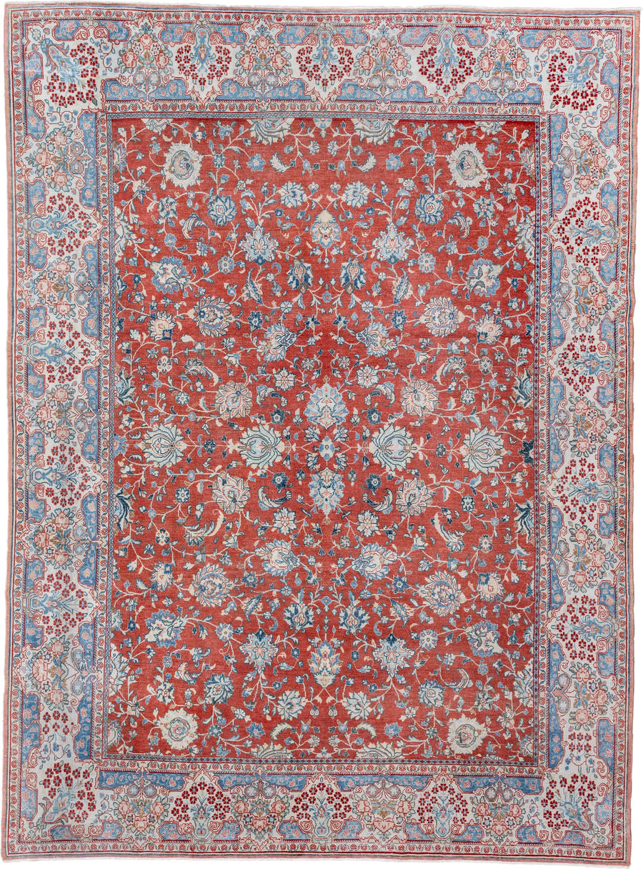 8' x 11' one-of-a-kind handmade vintage Sarouk large size rug. Color palette: terra cotta, ivory, sky blue, rust, slate