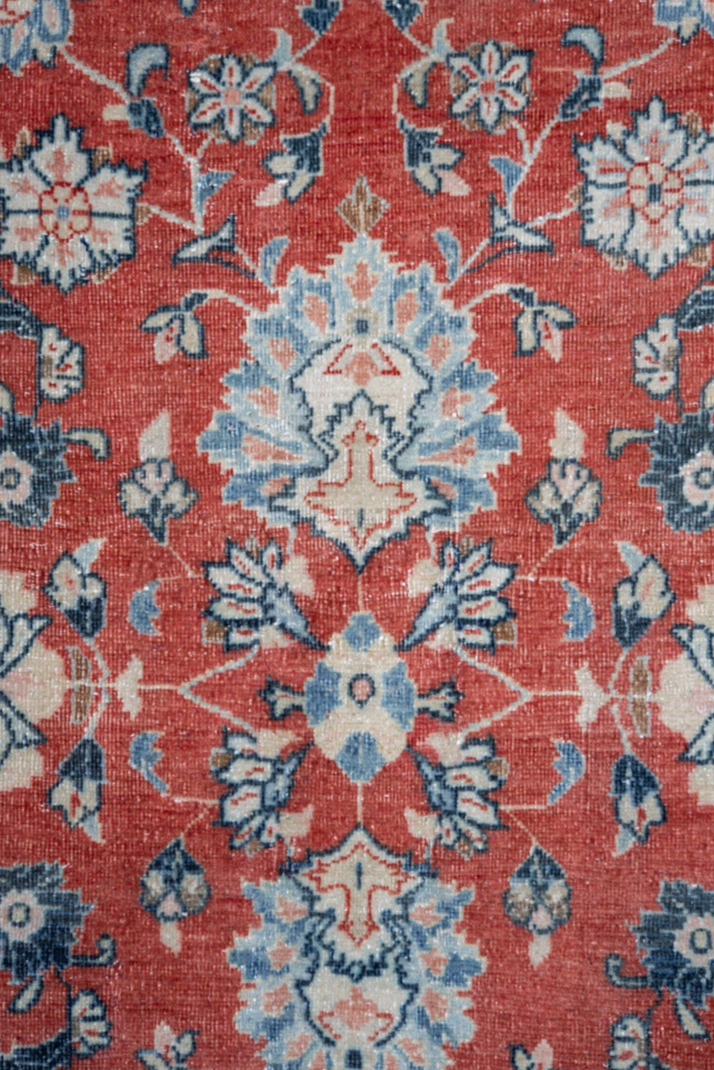 8' x 11' one-of-a-kind handmade vintage Sarouk large size rug. Color palette: terra cotta, ivory, sky blue, rust, slate