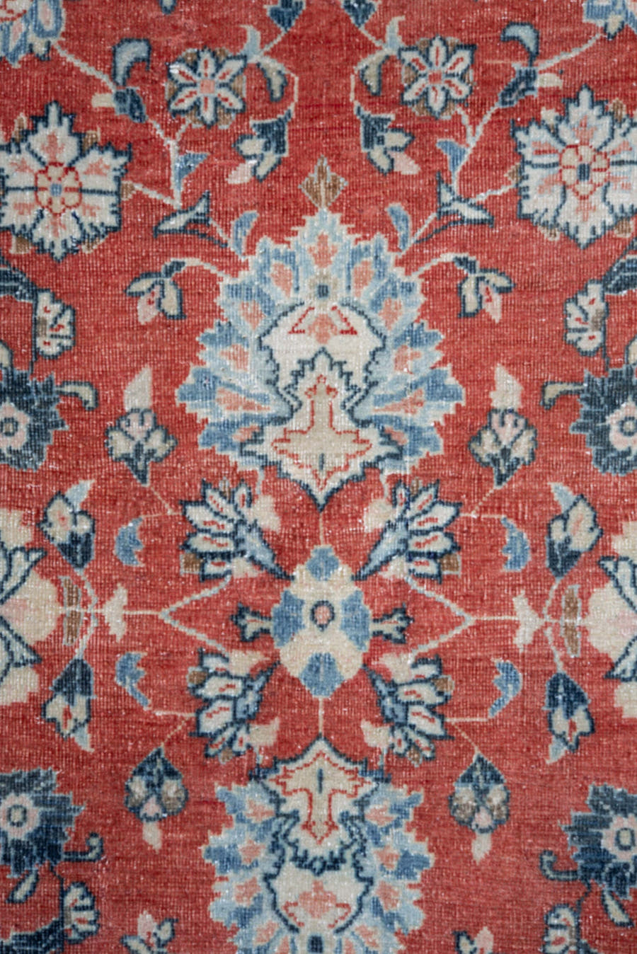 8' x 11' one-of-a-kind handmade vintage Sarouk large size rug. Color palette: terra cotta, ivory, sky blue, rust, slate