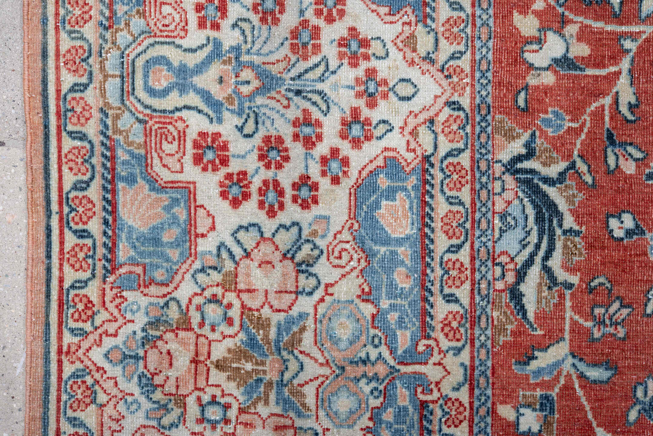 8' x 11' one-of-a-kind handmade vintage Sarouk large size rug. Color palette: terra cotta, ivory, sky blue, rust, slate