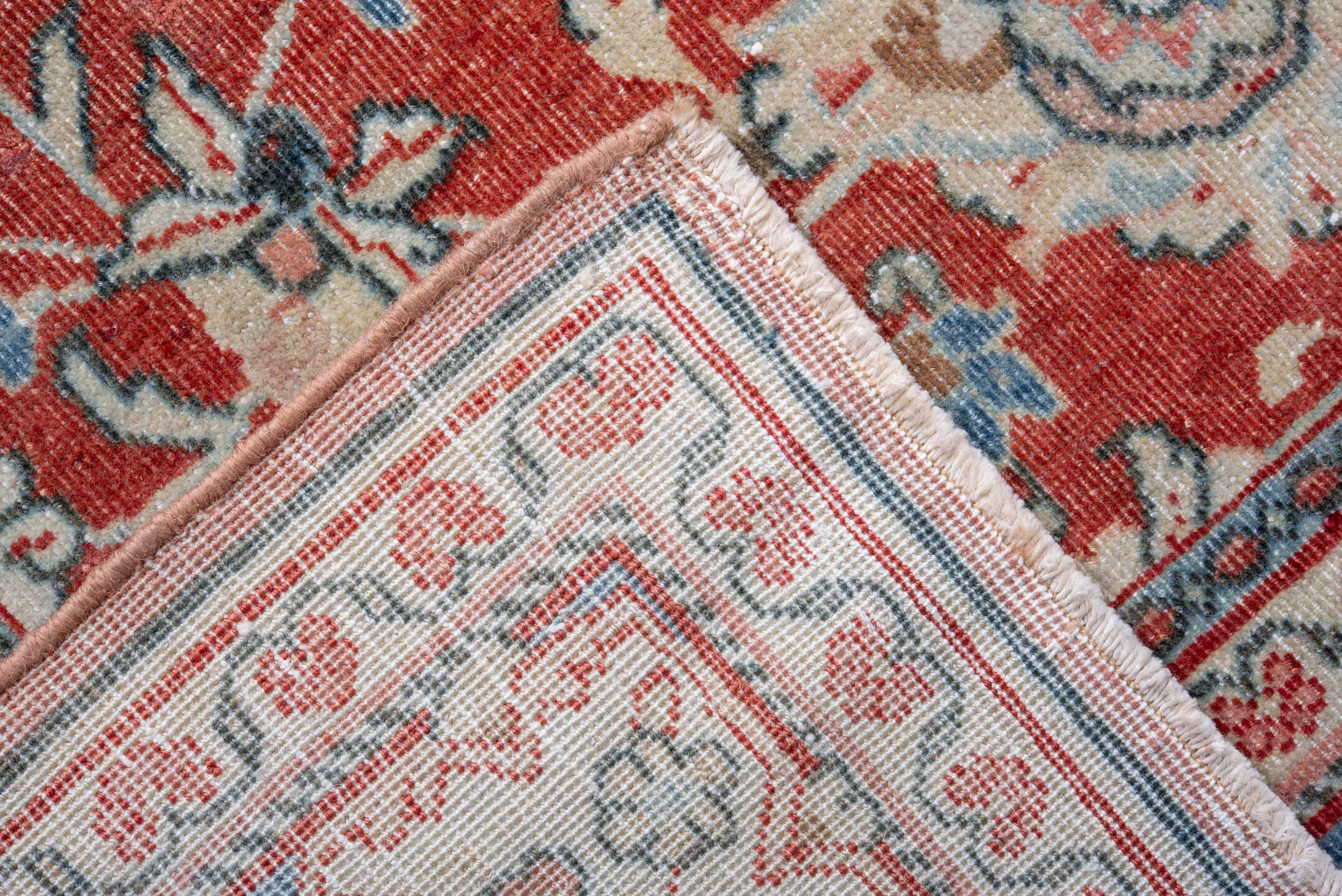 8' x 11' one-of-a-kind handmade vintage Sarouk large size rug. Color palette: terra cotta, ivory, sky blue, rust, slate