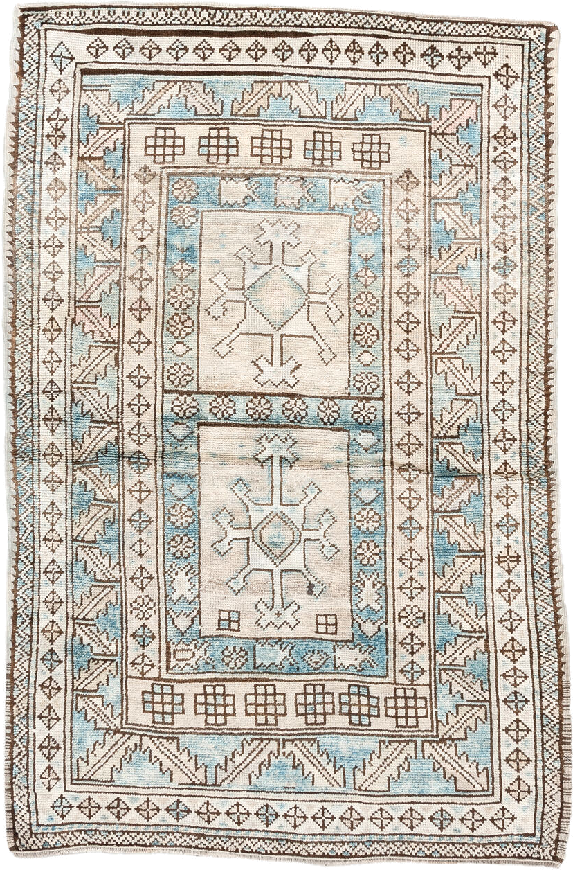 3' x 5' one-of-a-kind handmade vintage Anatolian small size rug. Color palette: ivory, sky blue, brown, taupe, light blue