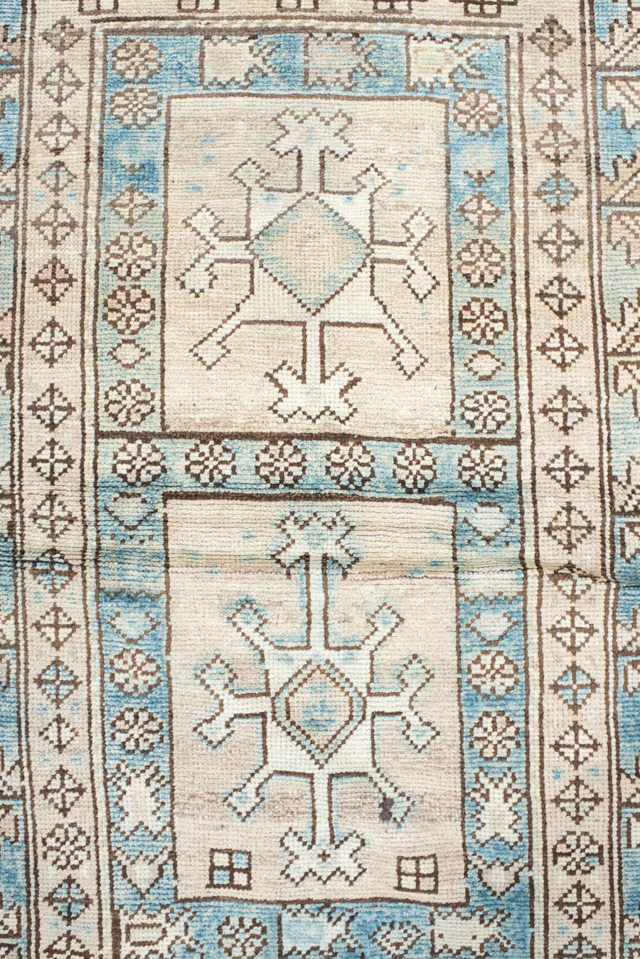 3' x 5' one-of-a-kind handmade vintage Anatolian small size rug. Color palette: ivory, sky blue, brown, taupe, light blue