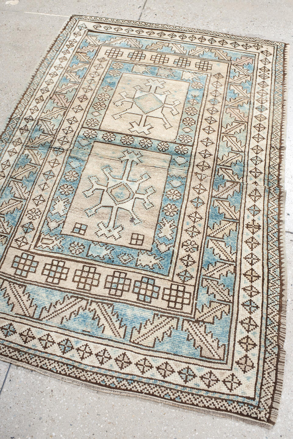 3' x 5' one-of-a-kind handmade vintage Anatolian small size rug. Color palette: ivory, sky blue, brown, taupe, light blue