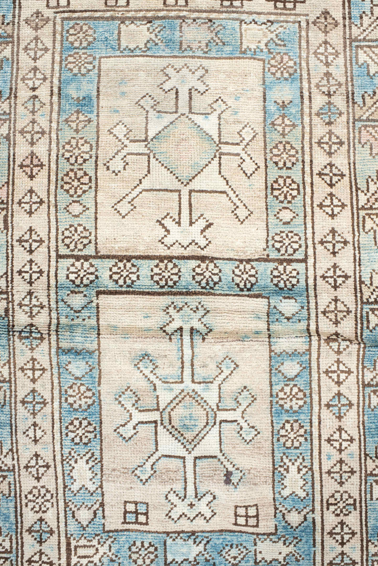 3' x 5' one-of-a-kind handmade vintage Anatolian small size rug. Color palette: ivory, sky blue, brown, taupe, light blue