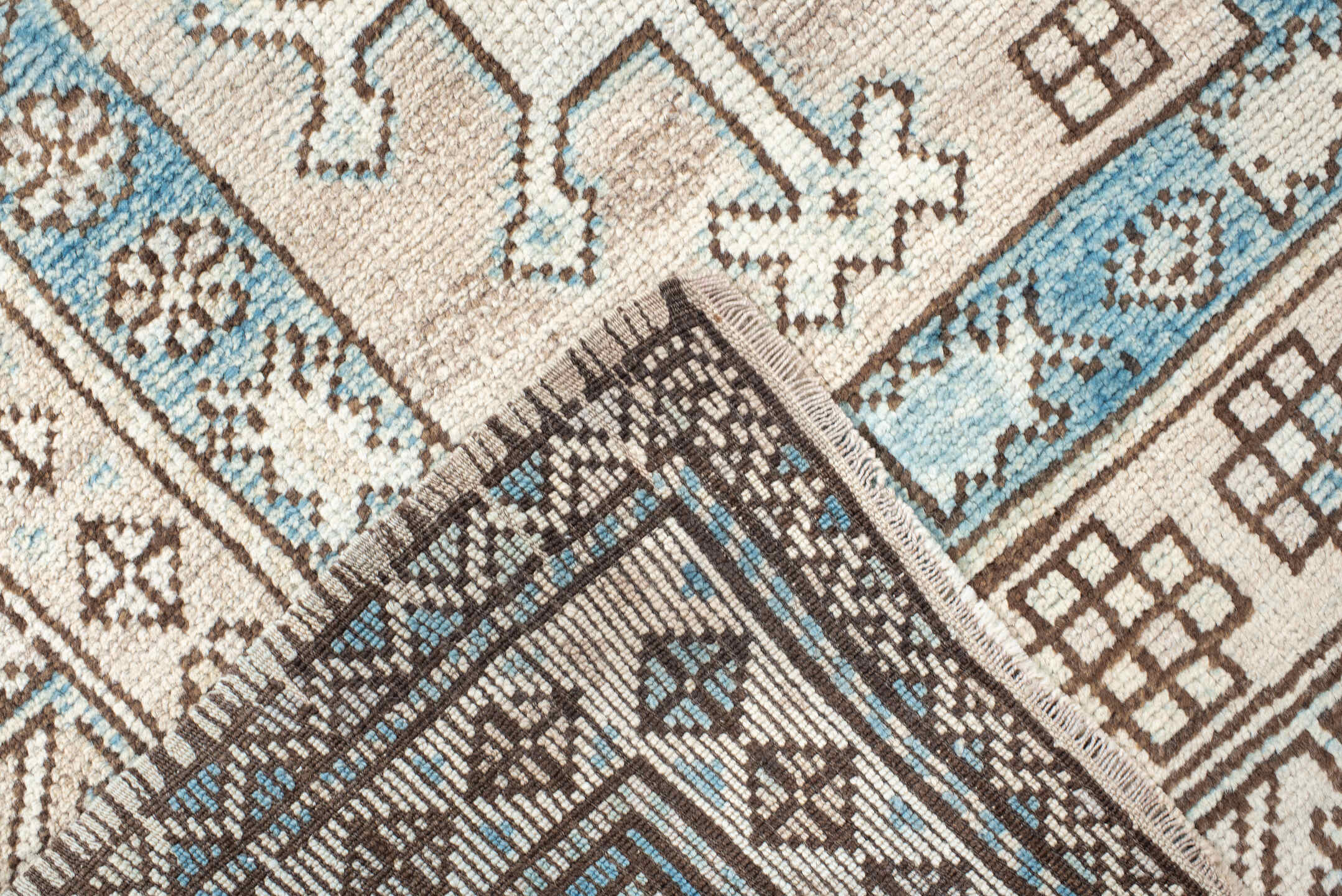3' x 5' one-of-a-kind handmade vintage Anatolian small size rug. Color palette: ivory, sky blue, brown, taupe, light blue
