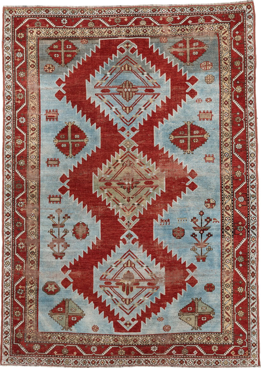5' x 7' one-of-a-kind handmade vintage Caucasian rug. Color palette: brown, dark gray, gainsboro, gray, light gray