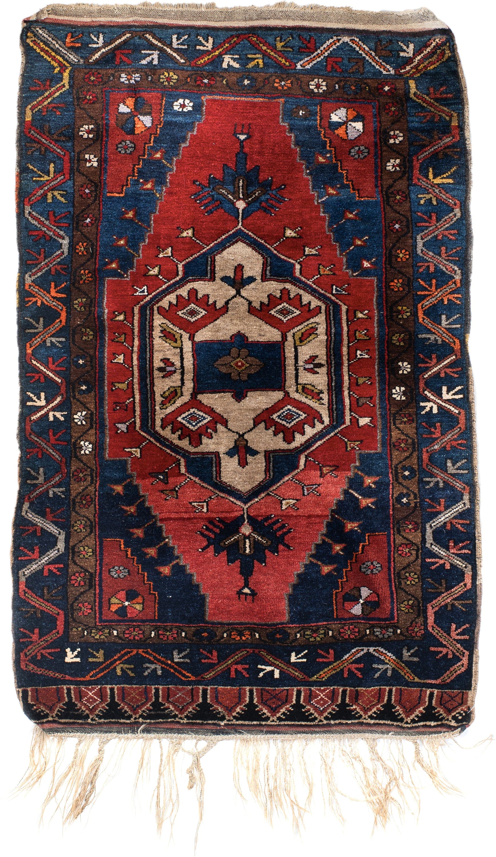 3' x 4' one-of-a-kind handmade antique Anatolian small size rug. Color palette: navy, rust, ivory, brown, crimson, gold