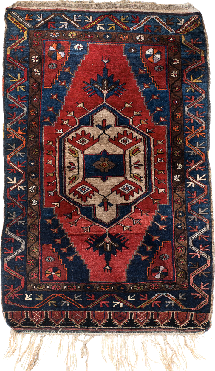 3' x 4' one-of-a-kind handmade vintage Anatolian small size rug. Color palette: antiquewhite, bisque, black, blue, brown