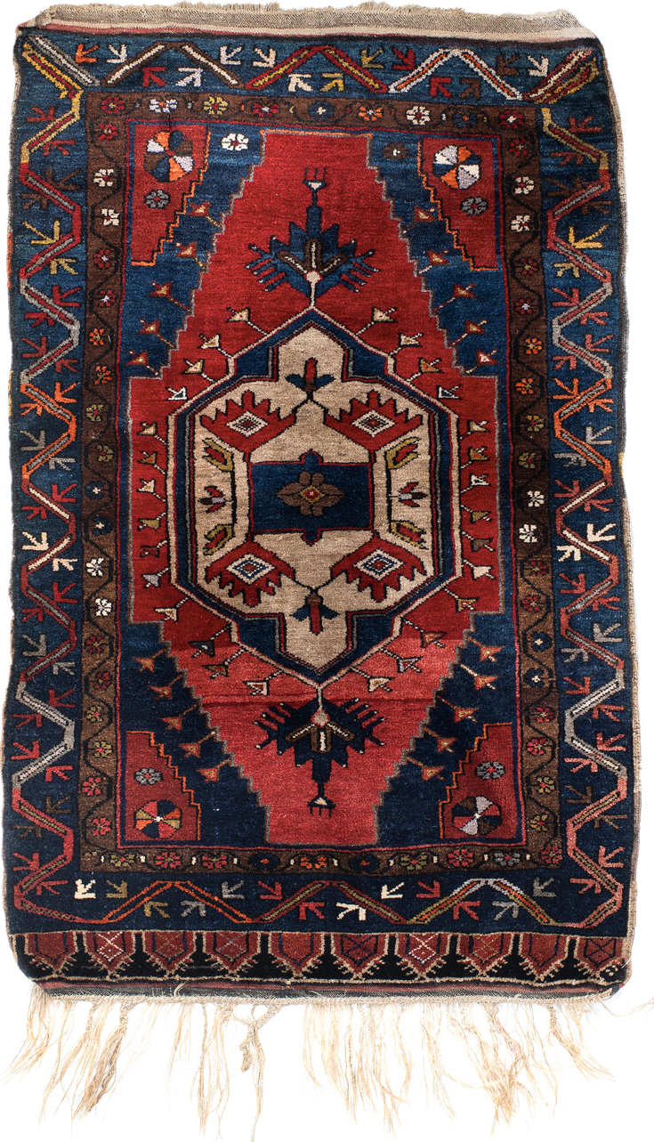 3' x 4' one-of-a-kind handmade antique Anatolian small size rug. Color palette: navy, rust, ivory, brown, crimson, gold