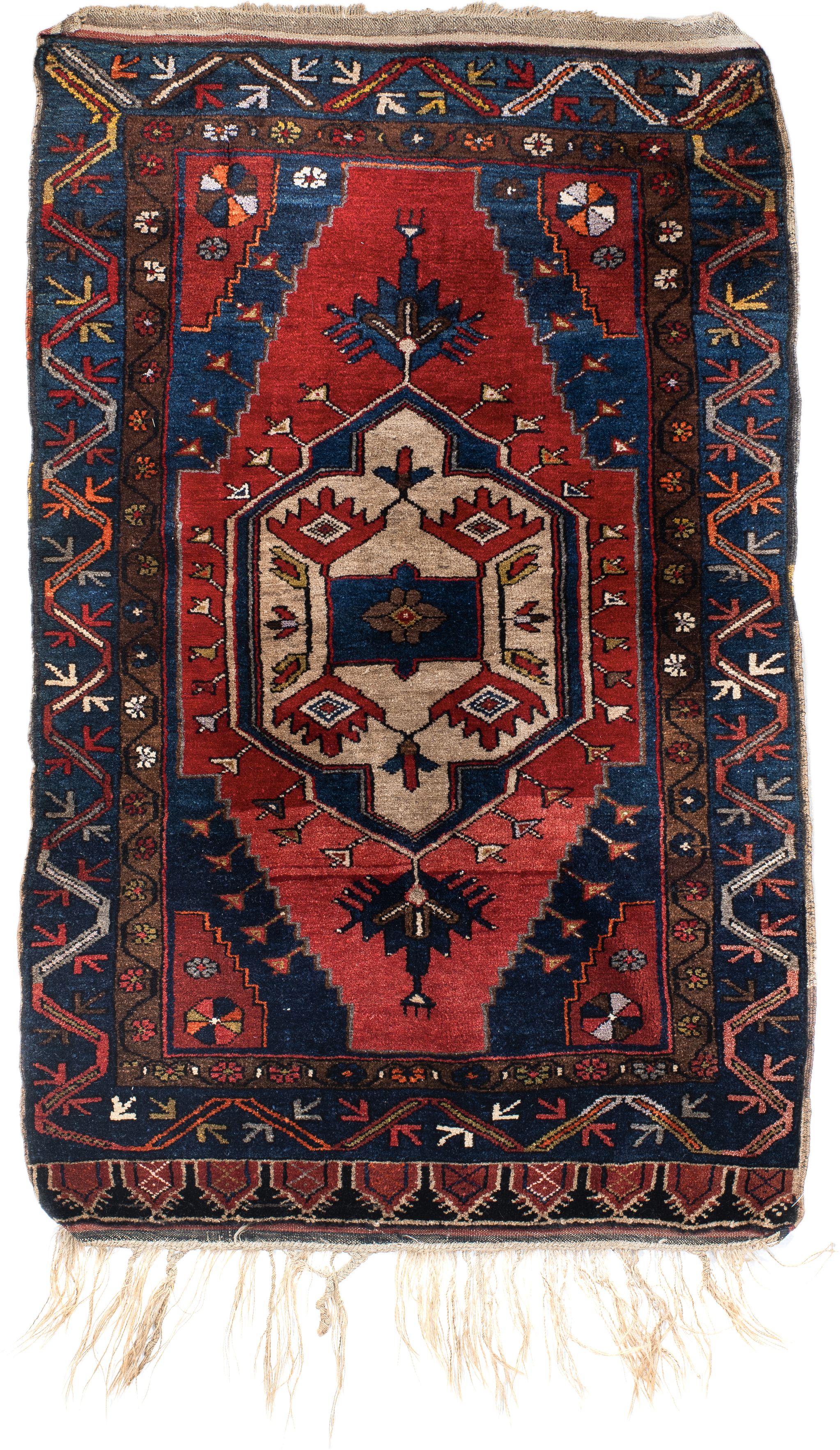 3' x 4' one-of-a-kind handmade antique Anatolian small size rug. Color palette: navy, rust, ivory, brown, crimson, gold