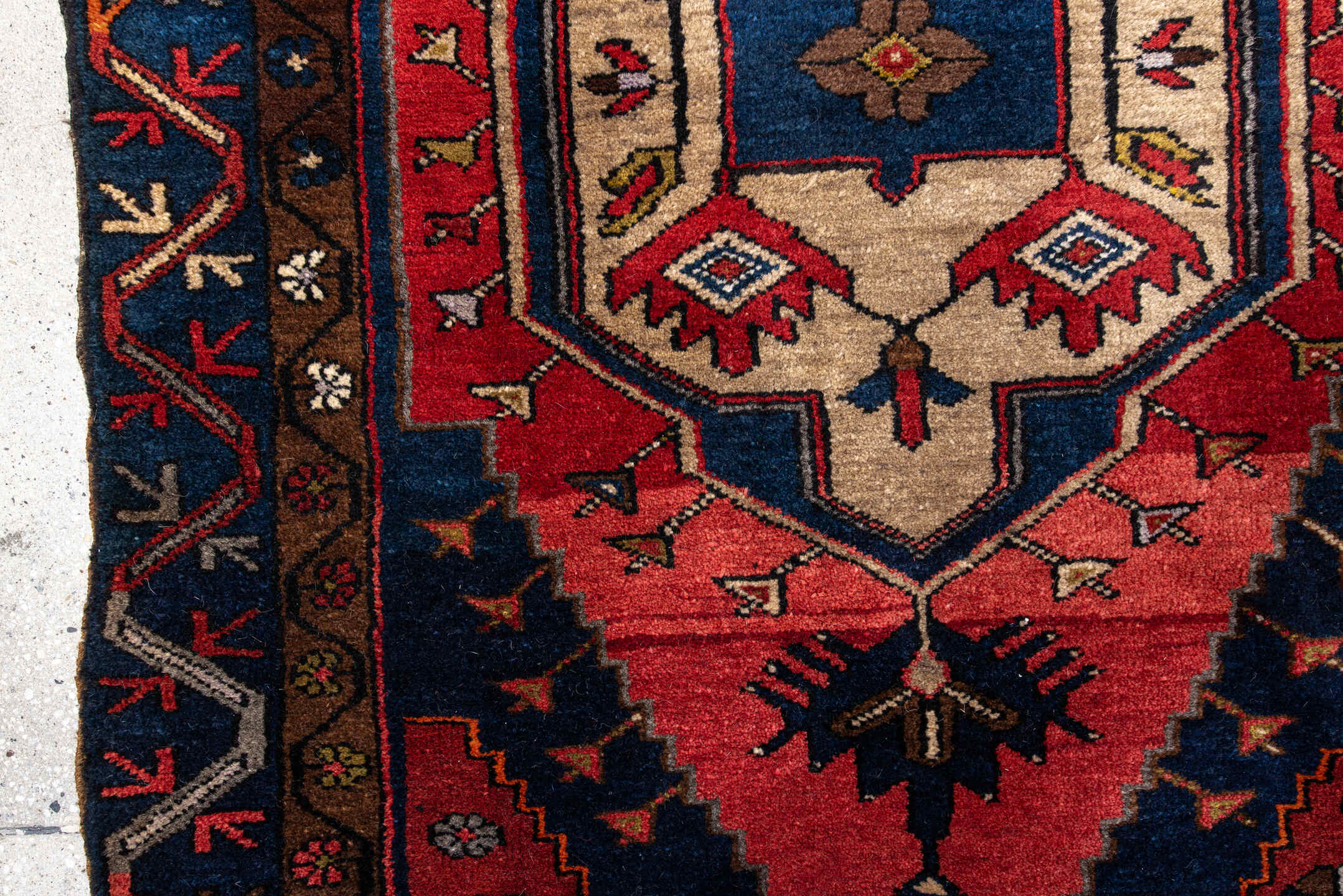 3' x 4' one-of-a-kind handmade antique Anatolian small size rug. Color palette: navy, rust, ivory, brown, crimson, gold
