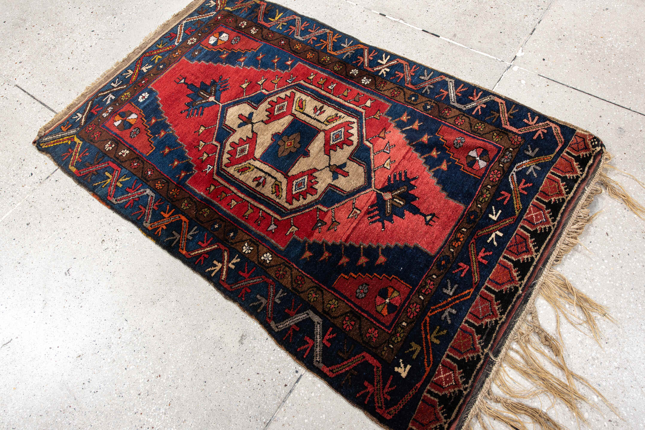3' x 4' one-of-a-kind handmade vintage Anatol small size rug. Color palette: antiquewhite, bisque, black, blue, brown