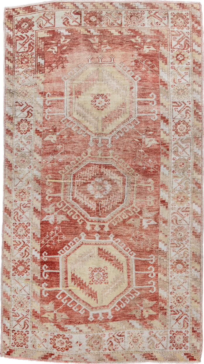 4' x 7' one-of-a-kind handmade antique Oushak rug. Color palette: terra cotta, ivory, beige, rust, cream, sage, terracotta