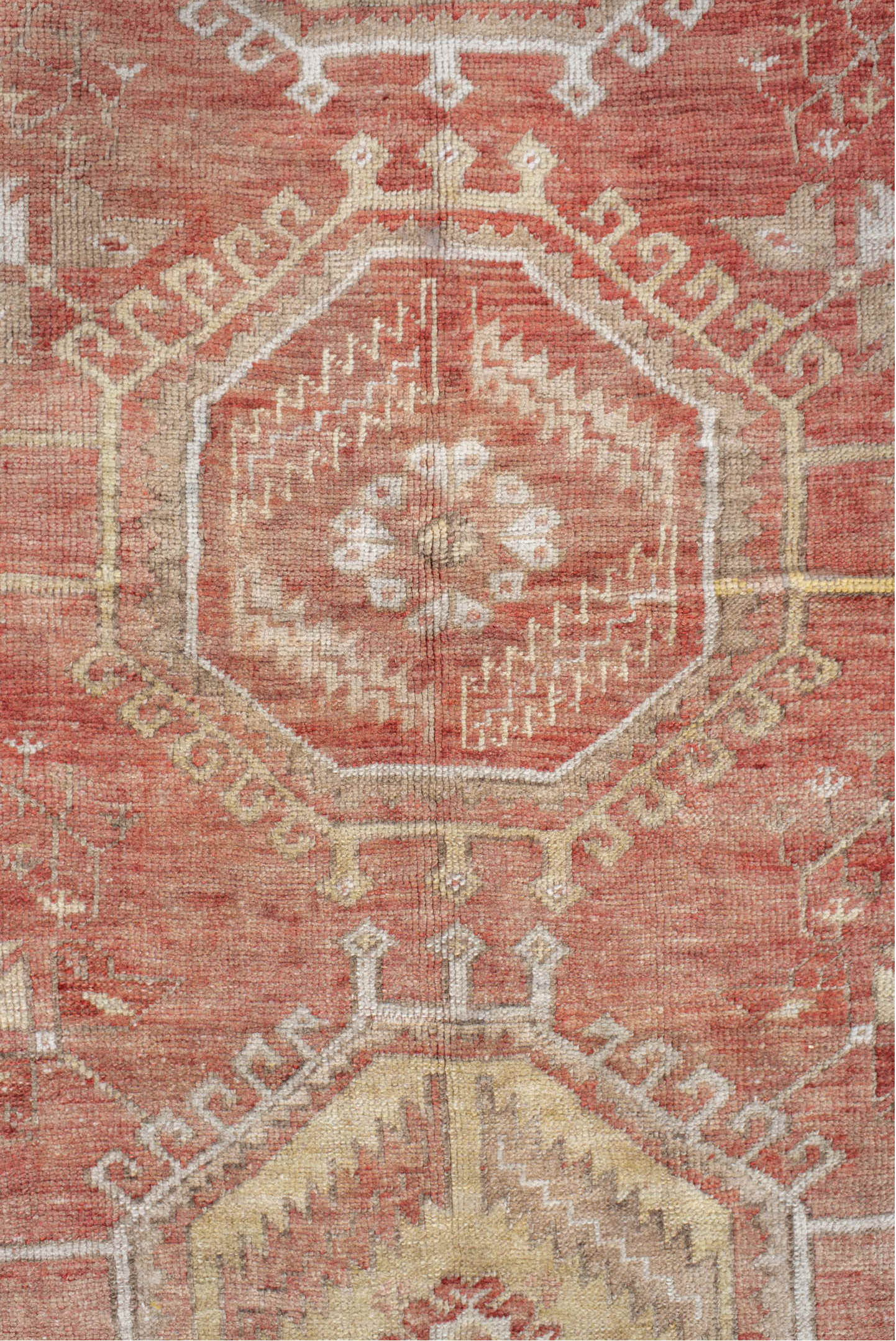 4' x 7' one-of-a-kind handmade antique Oushak rug. Color palette: terra cotta, ivory, beige, rust, cream, sage, terracotta
