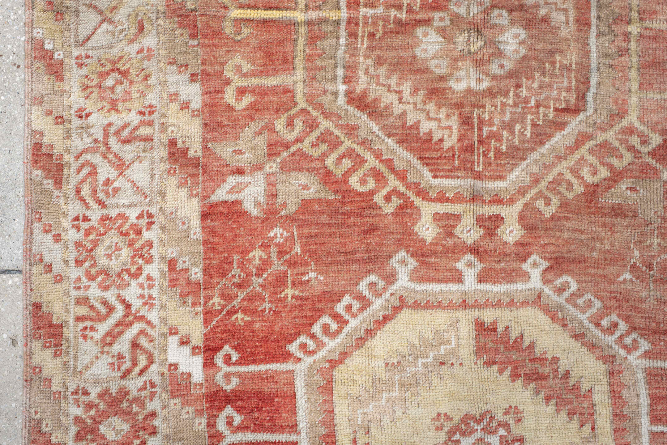 4' x 7' one-of-a-kind handmade vintage Oushak rug. Color palette: brown, gray, light gray, off-white, orange, pink, red