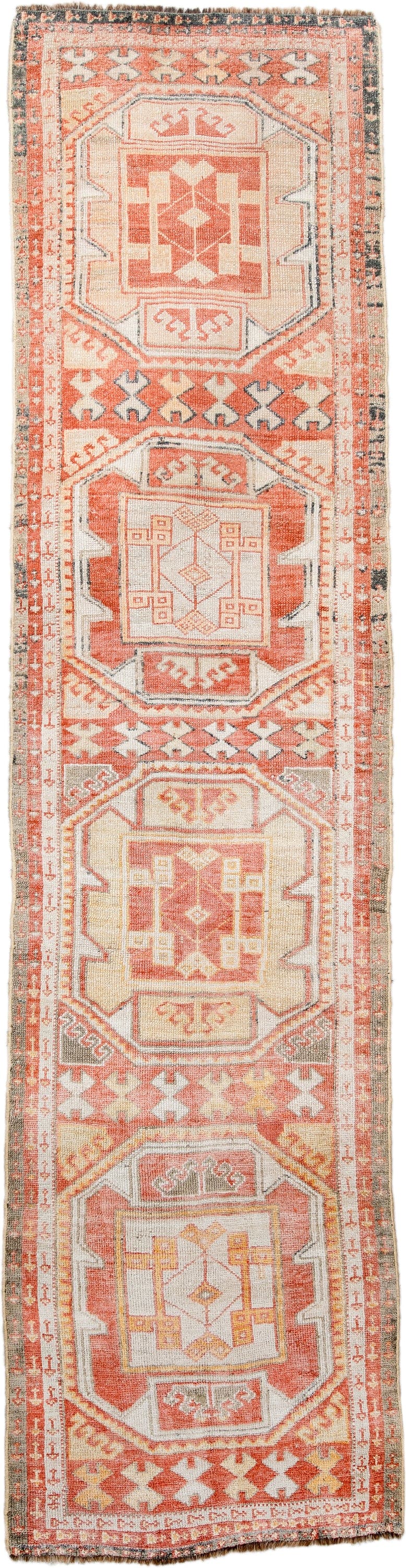 2' x 10' one-of-a-kind handmade antique Oushak runner rug. Color palette: coral, ivory, taupe, soft_gray, terracotta, slate