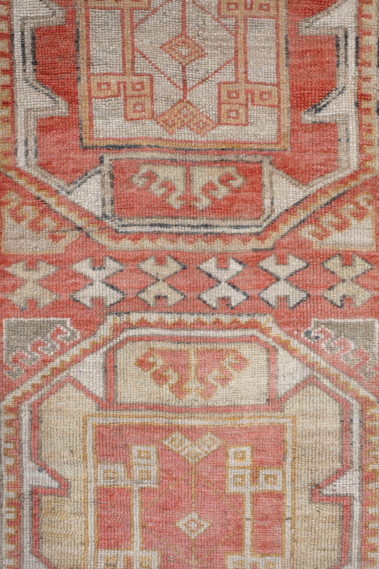 2' x 10' one-of-a-kind handmade antique Oushak runner rug. Color palette: coral, ivory, taupe, soft_gray, terracotta, slate