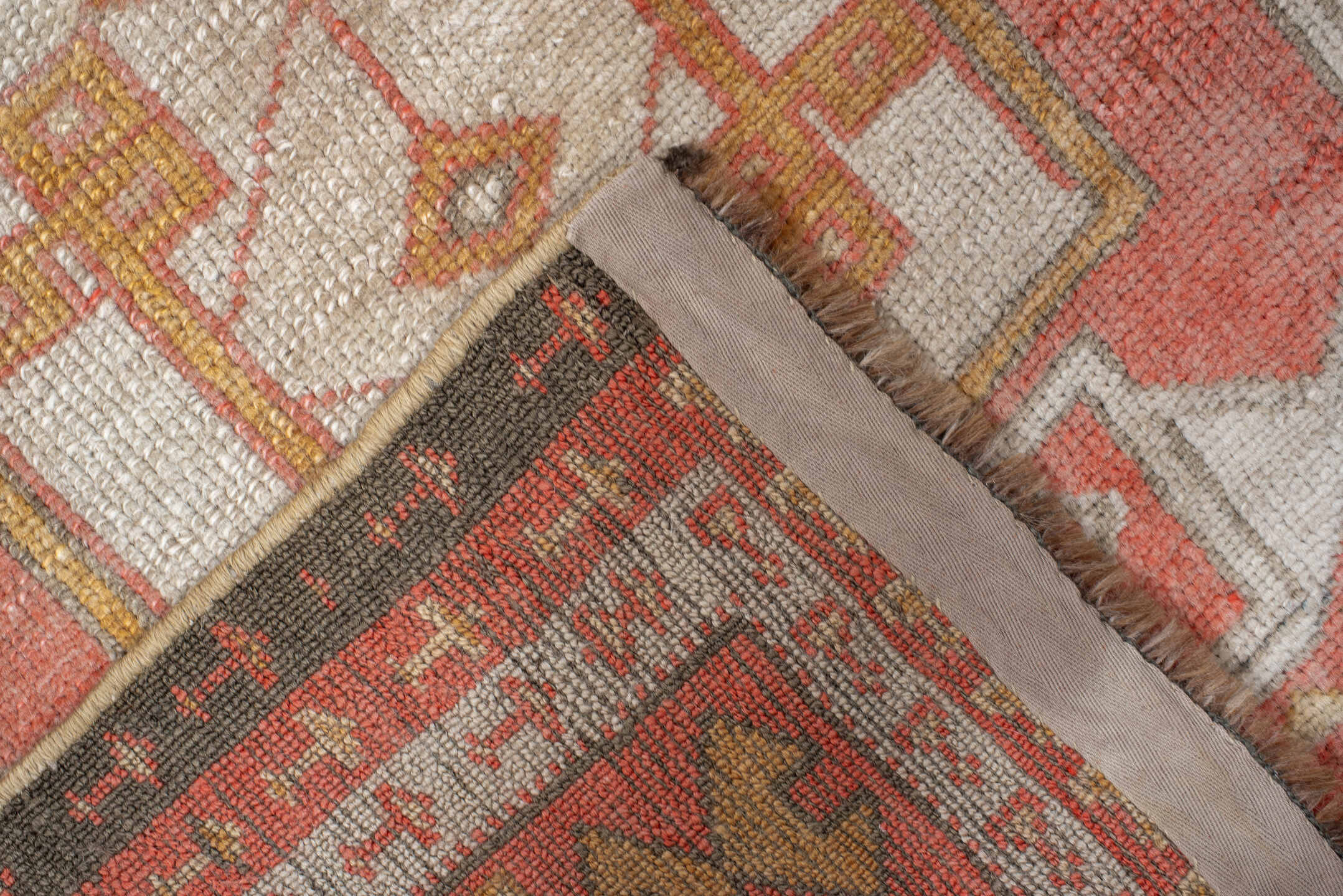 2' x 10' one-of-a-kind handmade antique Oushak runner rug. Color palette: coral, ivory, taupe, soft_gray, terracotta, slate