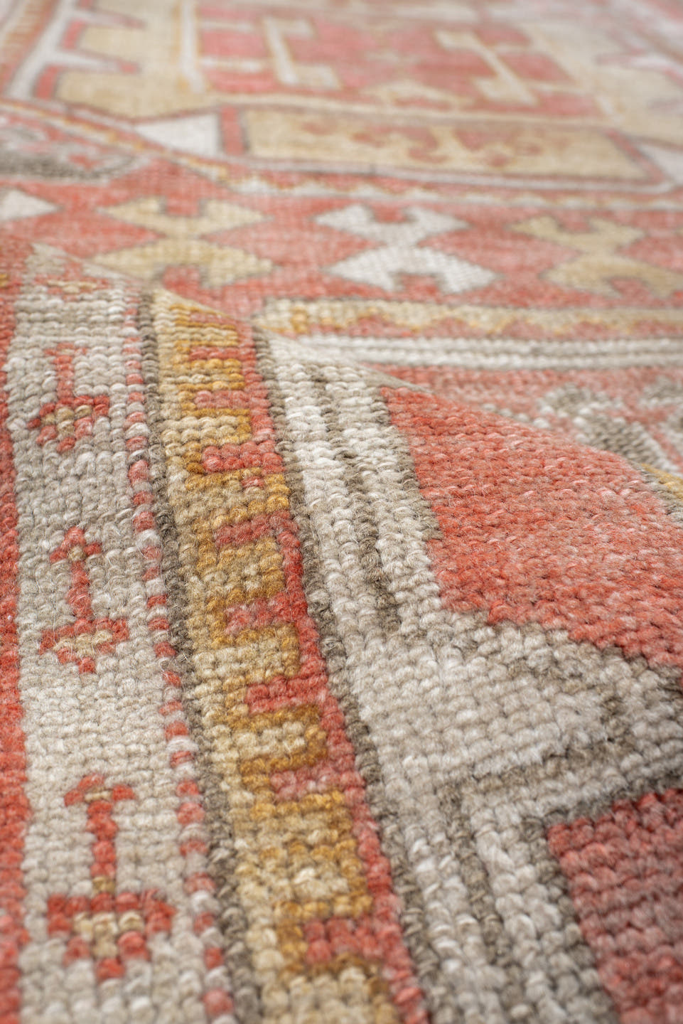 2' x 10' one-of-a-kind handmade antique Oushak runner rug. Color palette: coral, ivory, taupe, soft_gray, terracotta, slate