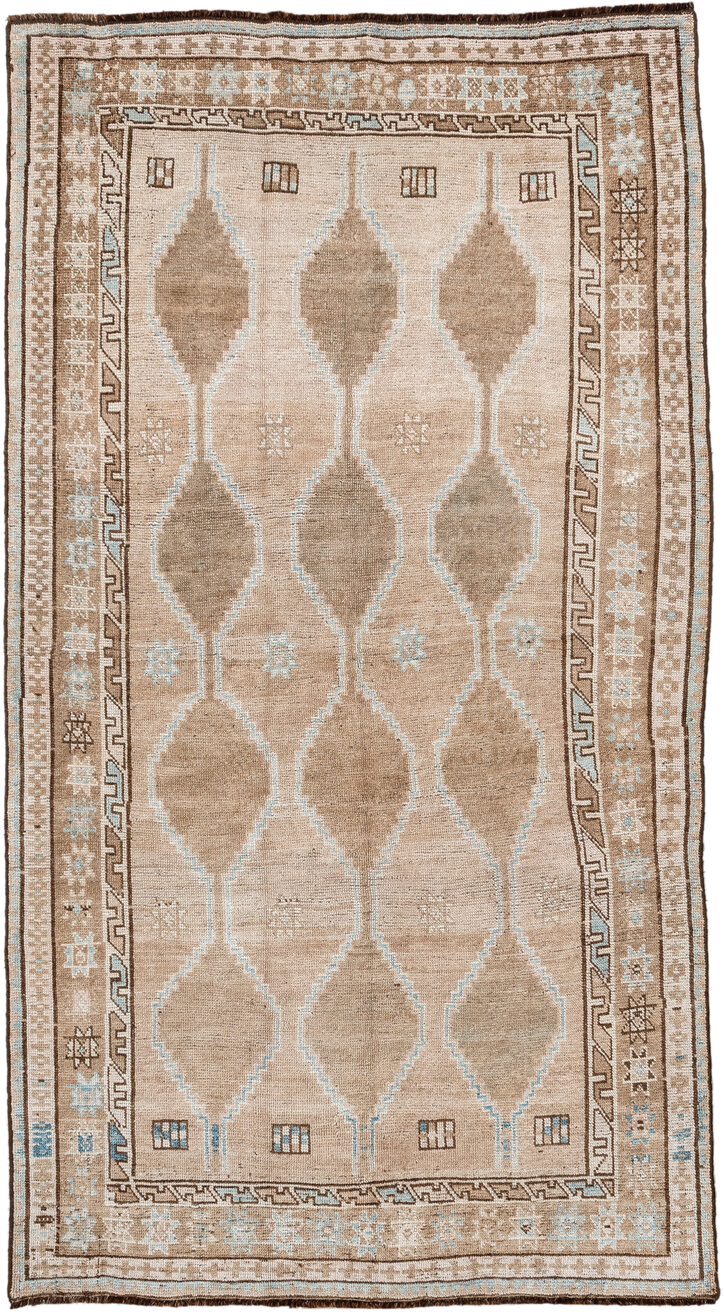 4' x 7' one-of-a-kind handmade antique Gabbe rug. Color palette: beige, taupe, ivory, camel, light blue, brown, gray