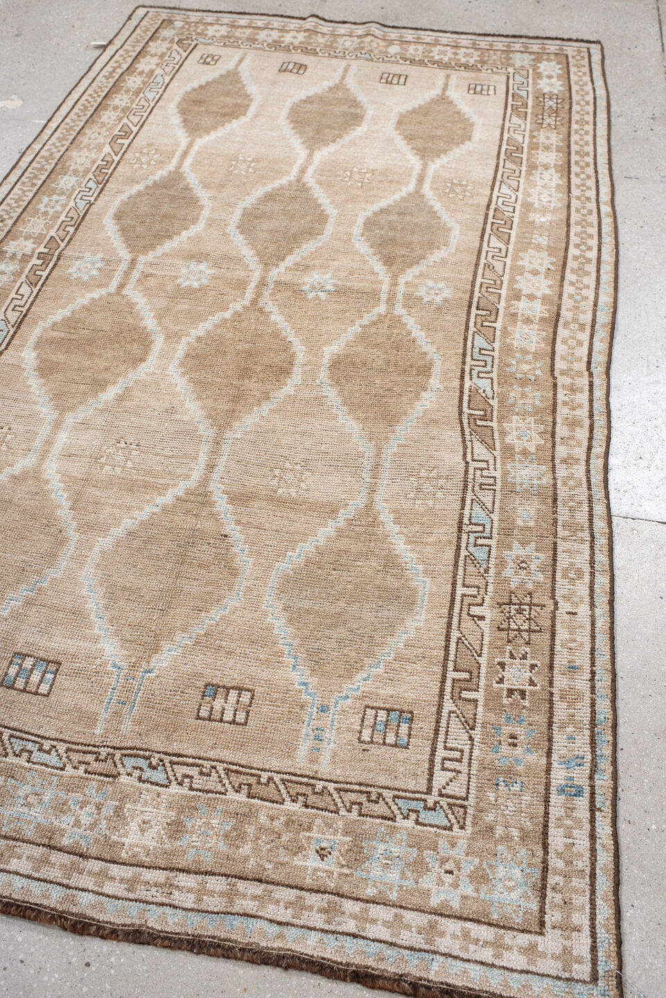4' x 7' one-of-a-kind handmade antique Gabbe rug. Color palette: beige, taupe, ivory, camel, light blue, brown, gray