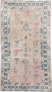 3' x 6' one-of-a-kind handmade vintage Gabbe small size rug. Color palette: blush, ivory, teal, rose, taupe, charcoal, pink