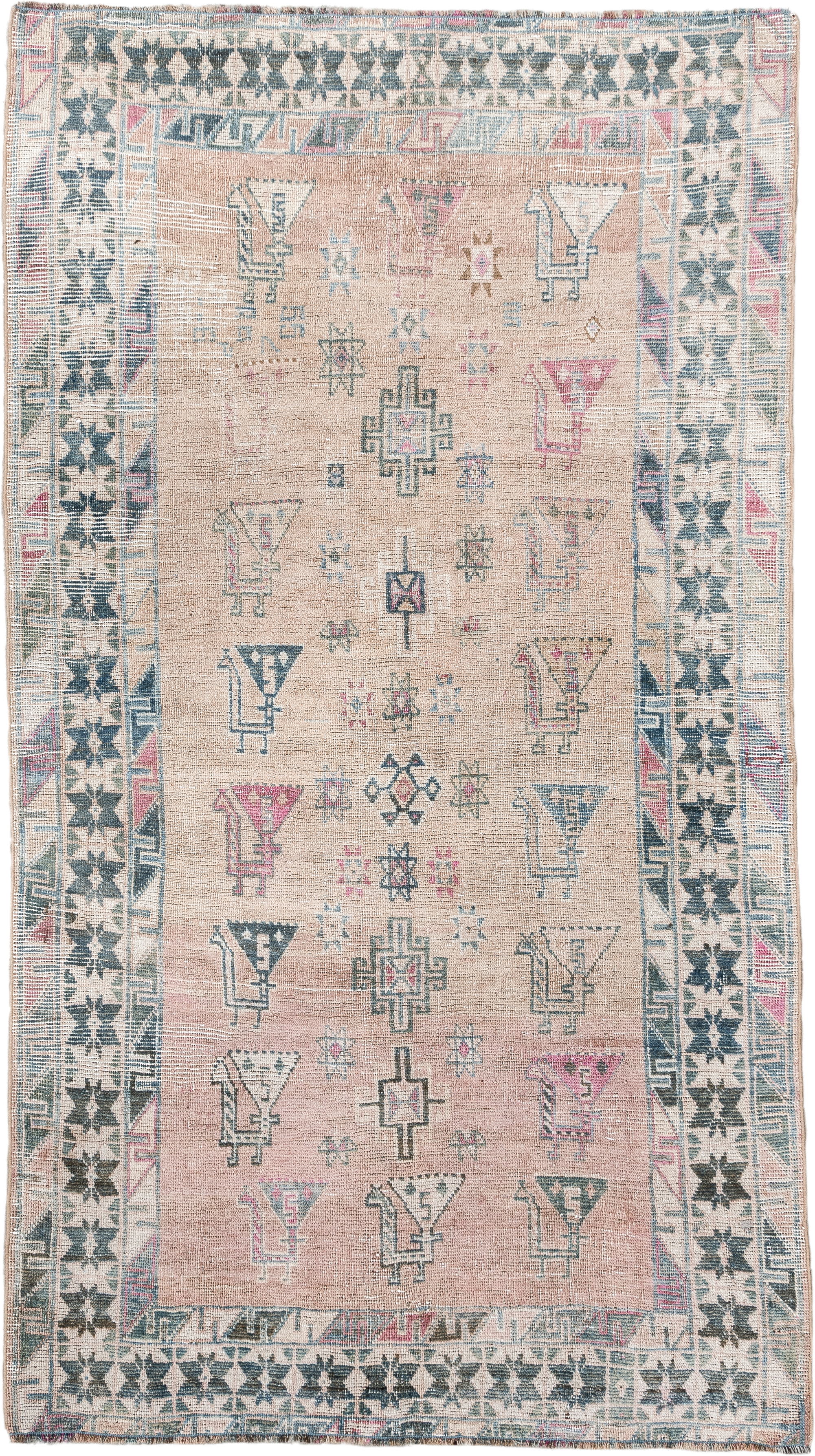 3' x 6' one-of-a-kind handmade vintage Gabbe small size rug. Color palette: blush, ivory, teal, rose, taupe, charcoal, pink