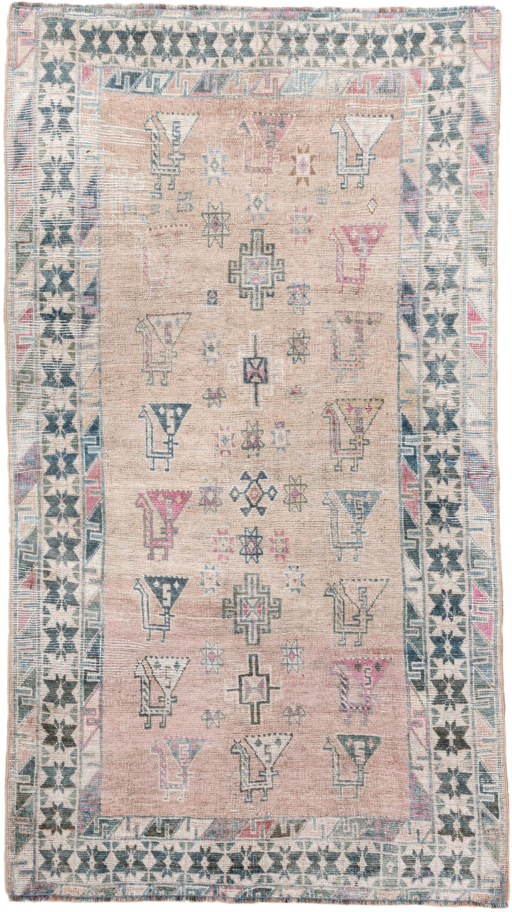 3' x 6' one-of-a-kind handmade vintage Gabbe small size rug. Color palette: blush, ivory, teal, rose, taupe, charcoal, pink