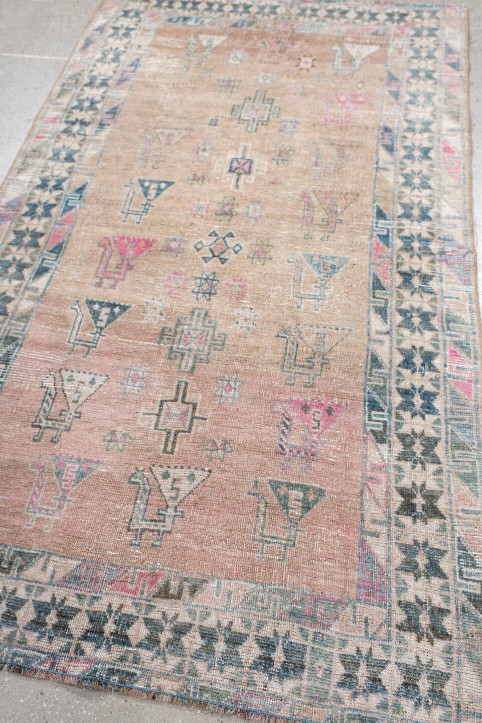 3' x 6' one-of-a-kind handmade vintage Gabbe small size rug. Color palette: blush, ivory, teal, rose, taupe, charcoal, pink