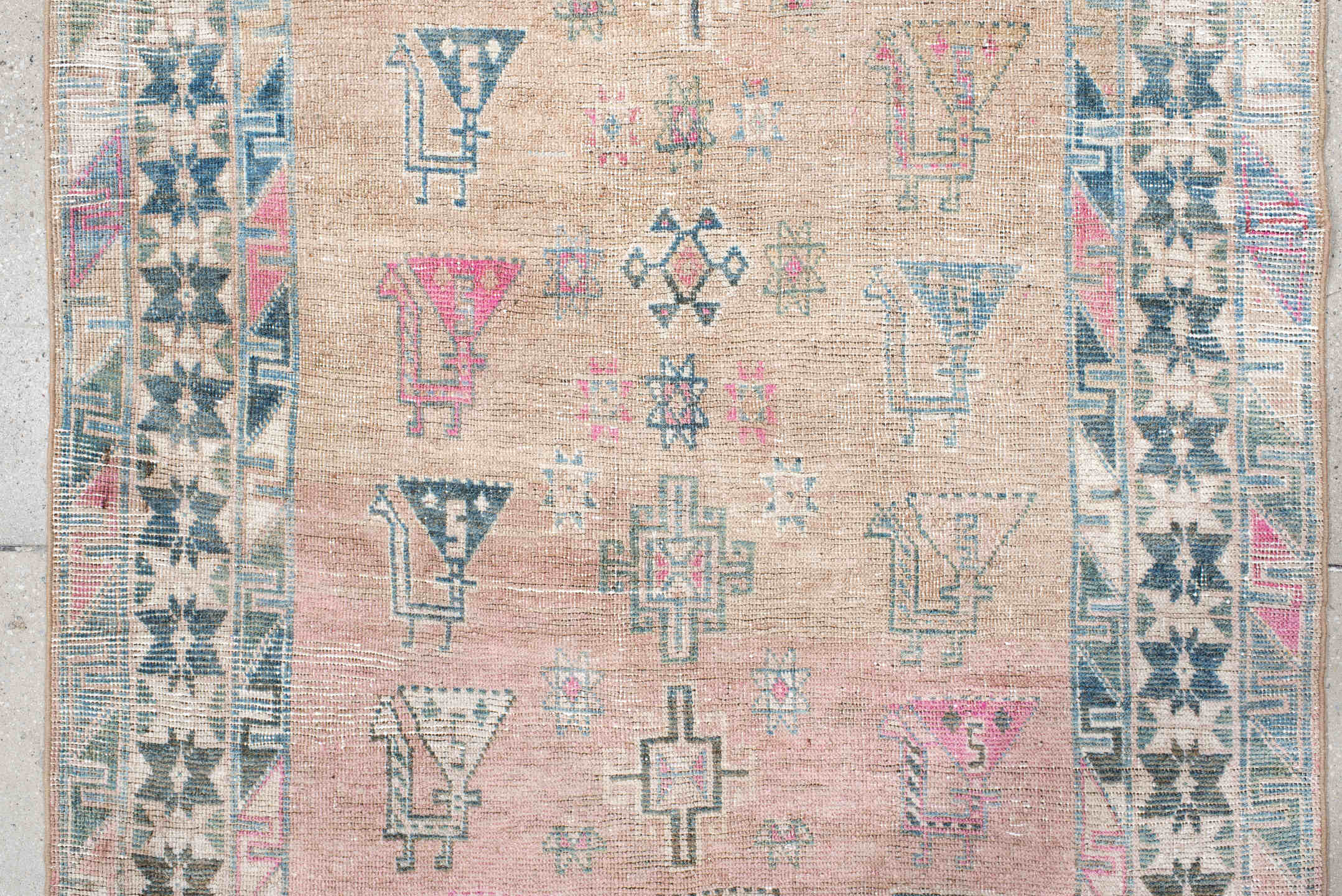 3' x 6' one-of-a-kind handmade vintage Gabbe small size rug. Color palette: blush, ivory, teal, rose, taupe, charcoal, pink
