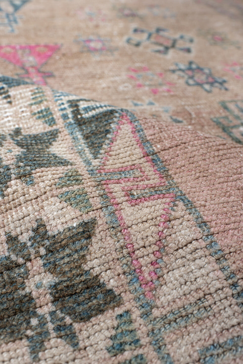 3' x 6' one-of-a-kind handmade vintage Gabbe small size rug. Color palette: blush, ivory, teal, rose, taupe, charcoal, pink