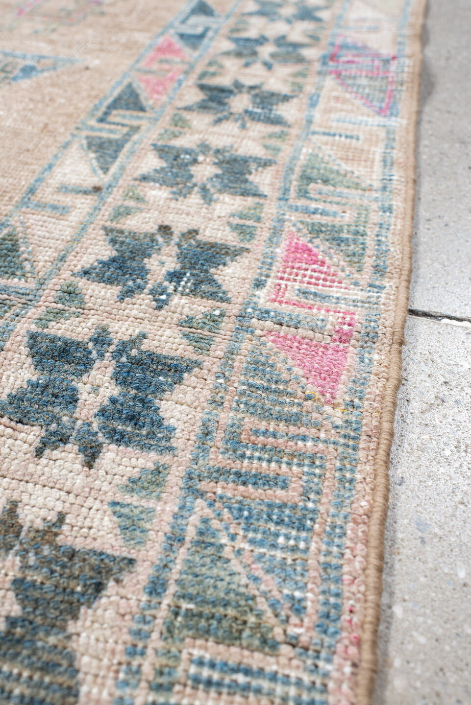 3' x 6' one-of-a-kind handmade vintage Gabbe small size rug. Color palette: blush, ivory, teal, rose, taupe, charcoal, pink