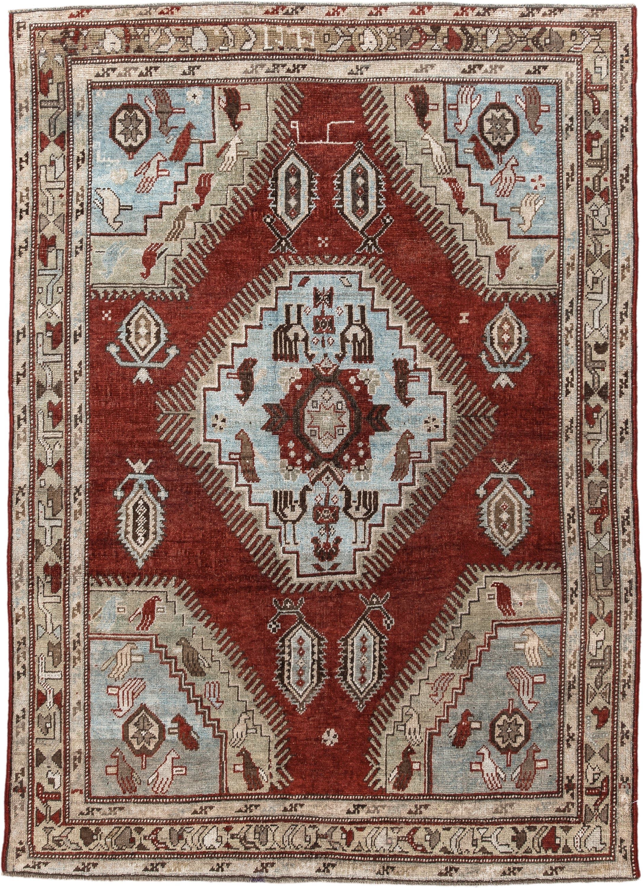4' x 6' one-of-a-kind handmade vintage Kazak small size rug. Color palette: rust, ivory, sky blue, taupe, brown, charcoal