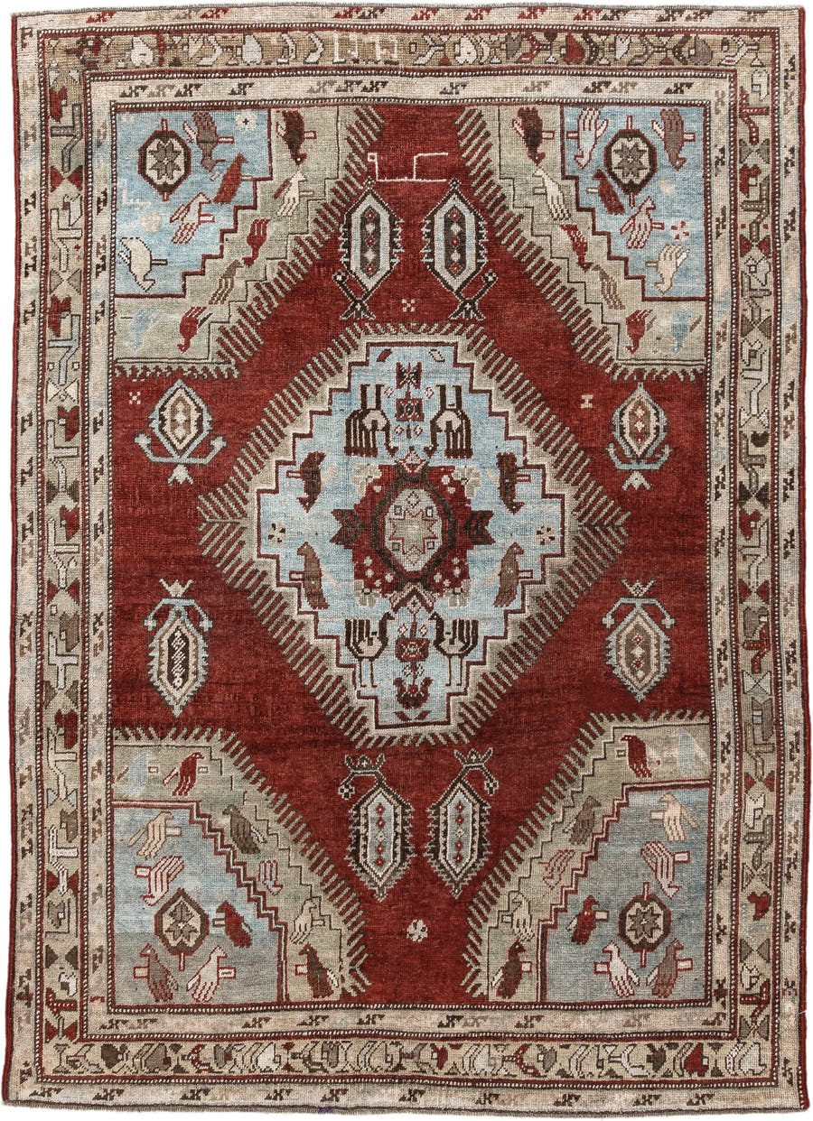 4' x 6' one-of-a-kind handmade vintage Kazak small size rug. Color palette: rust, ivory, sky blue, taupe, brown, charcoal