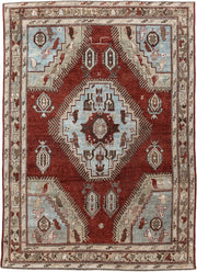 4' x 6' one-of-a-kind handmade vintage Kazak small size rug. Color palette: rust, ivory, sky blue, taupe, brown, charcoal