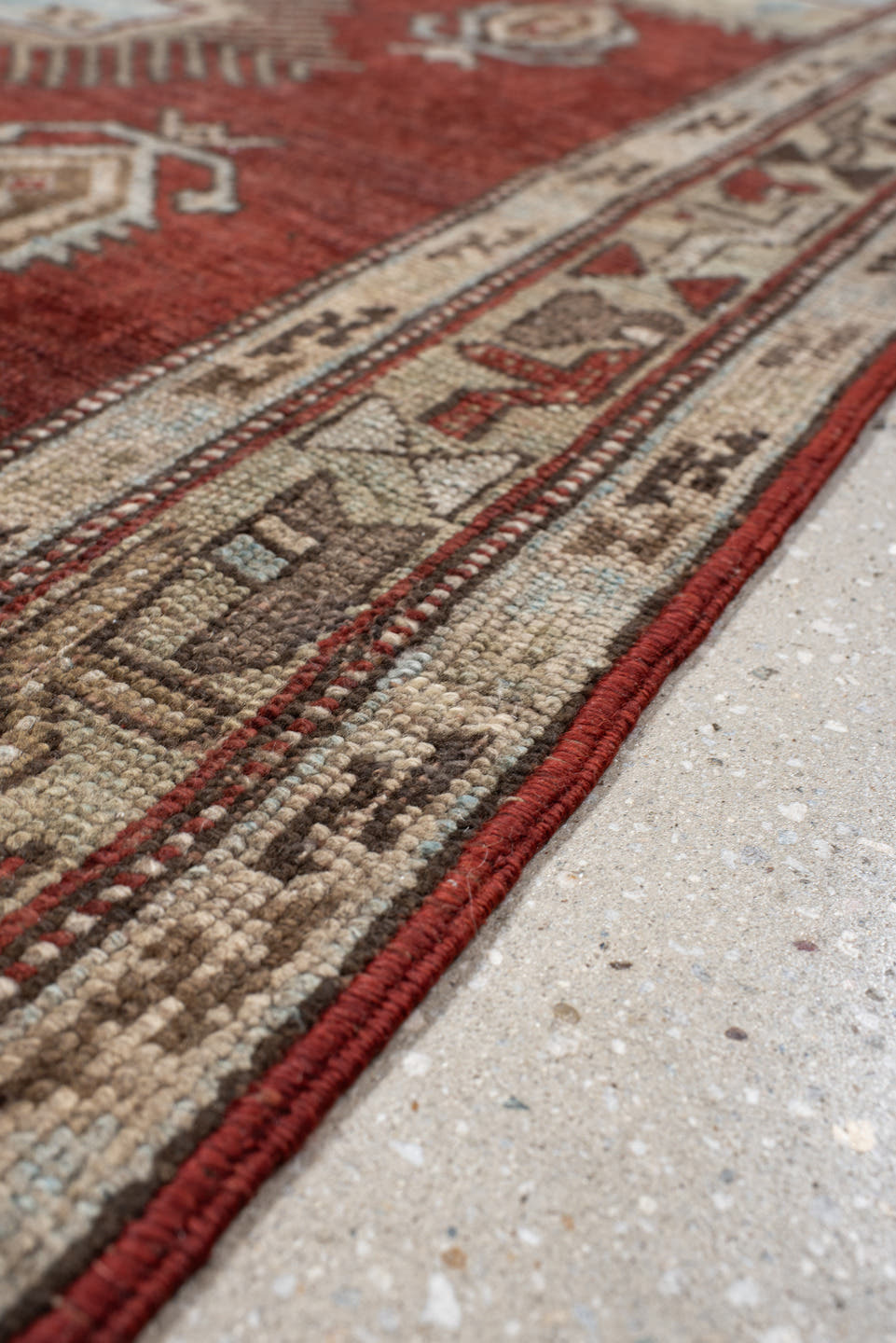 4' x 6' one-of-a-kind handmade vintage Kazak small size rug. Color palette: rust, ivory, sky blue, taupe, brown, charcoal