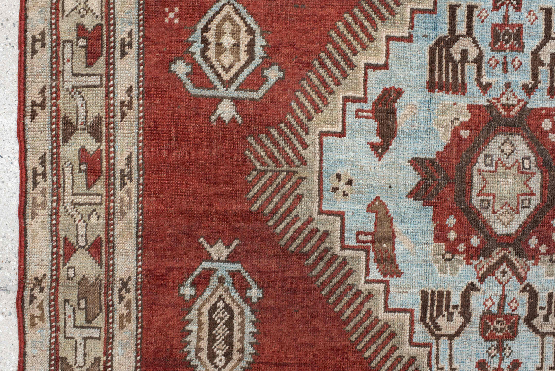 4' x 6' one-of-a-kind handmade vintage Kazak small size rug. Color palette: rust, ivory, sky blue, taupe, brown, charcoal